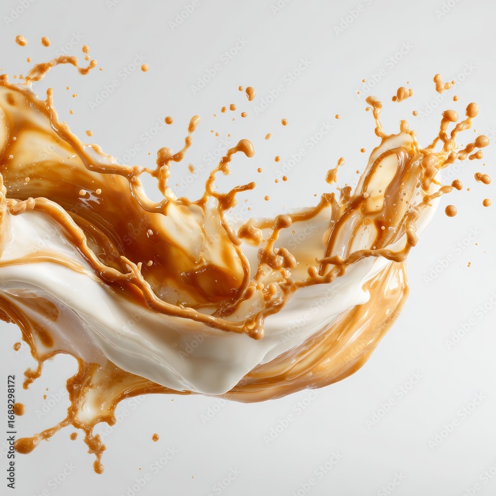Fototapeta premium A dynamic coffee and milk splash with a captivating liquid art form, showcasing the perfect blend and movement of the beverage