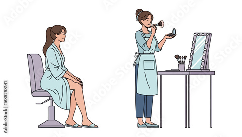 Illustration of a woman receiving a makeup application and another woman applying makeup in a salon setting