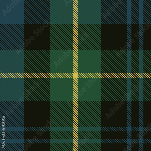 Seamless tartan plaid pattern in green, navy blue, black, and yellow stripes. Classic Scottish-inspired fabric texture ideal for textiles, fashion, backgrounds, and holiday designs.