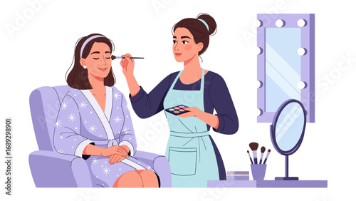 Professional makeup artist applying cosmetics to a client seated in a salon chair with a vanity mirror