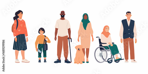 Diverse group of people including a woman with a backpack a child a man with a cane a woman in hijab a person in a wheelchair and a man in a vest with a dog
