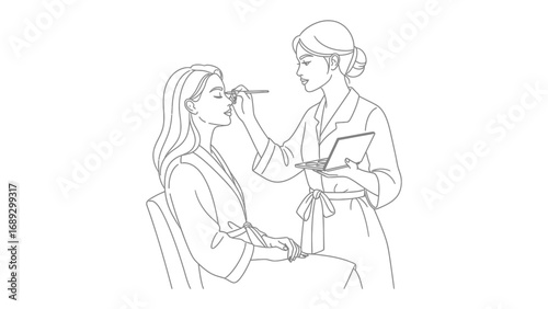 Artist applying makeup to a woman s face with a brush and palette in a sketch style