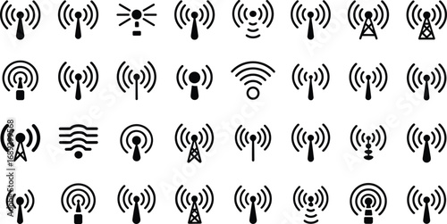 Grid of Black Wi- Fi and Signal Tower Icons with Various Designs Keywords: Wi- Fi, signal, tower, antenna, network, connection, wireless, communication, technology, icon, symbol, graphic, design