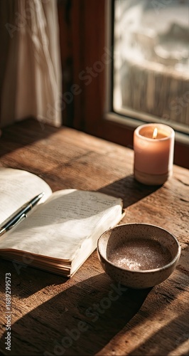Cozy workspace with journal, coffee, and candle