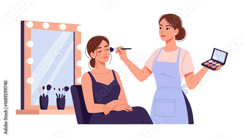 Professional makeup artist applying cosmetics to a client in a glamorous dressing room setting