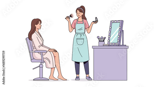 Stylist in apron holds comb and mirror consulting with client seated in salon chair