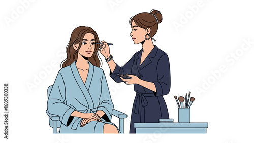 Professional makeup artist applying cosmetic products to a client s face with brushes and tools