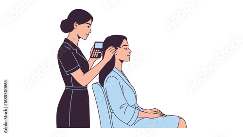 Stylist applying hairspray to a client s long brown hair in a salon setting illustration