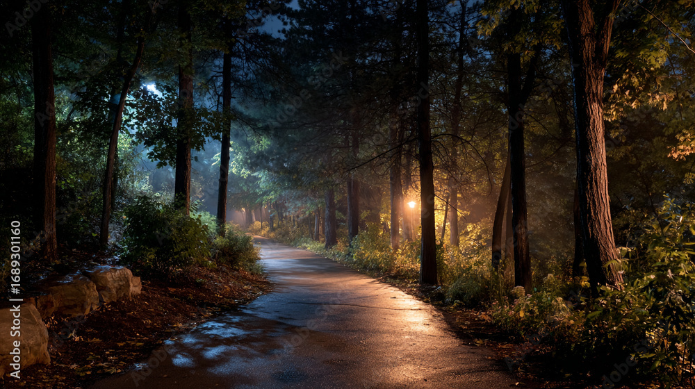 Fototapeta premium Pathway illuminated by streetlights through a misty forest at night time scene