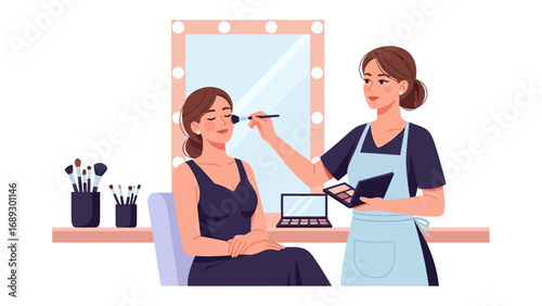 Professional makeup artist applying cosmetics to a smiling woman in a glamorous dressing room setting
