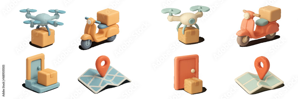 Fototapeta premium 3D style delivery service icons with drone, scooter, map pin, and doorstep package for e-commerce and logistics concepts