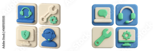 3D icon set for customer support and technical assistance with headset, computer, and tool symbols for online service and helpdesk communication