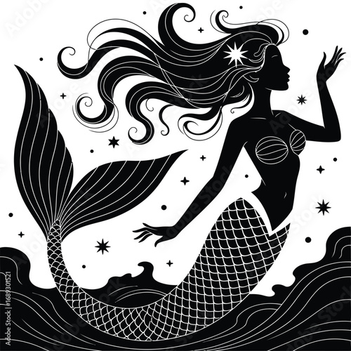 Vector art of a glamorous woman with long black hair adorned with a flower pattern
