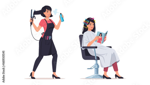Professional hairstylist blow drying client s hair while client reads magazine in salon chair