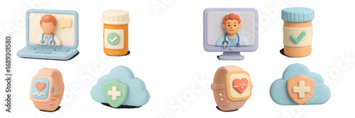 Telemedicine and digital health icon set with online doctor consultation, prescription medication, smartwatch health tracker, and secure cloud data storage for modern healthcare technology