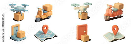3D style delivery service icons with drone, scooter, map pin, and doorstep package for e-commerce and logistics concepts