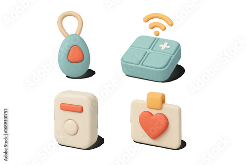 3D icon set of medical alert buttons and health monitoring devices for safety and remote assistance with wireless technology