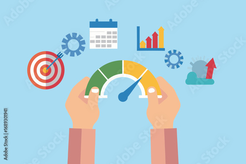 Hands hold gauge measuring performance and progress with icons for goals calendar and growth