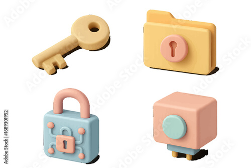 3D icon set for cybersecurity and data protection with key, locked folder, digital padlock, and technology component