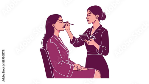 Professional makeup artist applying cosmetic products to a client s face with brushes and palettes