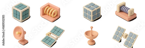 Isometric technology and mechanical icons set with abstract shapes like cubes, satellites, and solar panels in a minimalist style