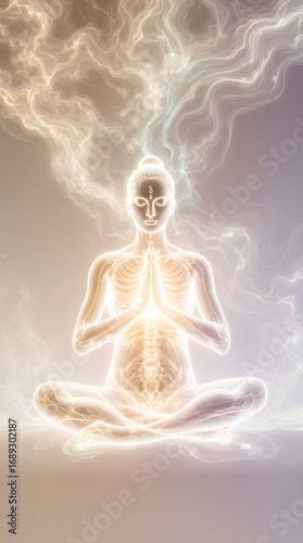 Glowing meditating figure with radiant energy aura in lotus pose