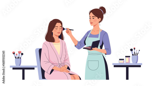 Professional makeup artist applying cosmetics to a smiling woman in a beauty salon setting with brushes and products