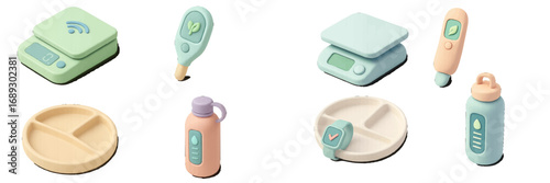 Isometric icon set of healthy lifestyle and diet tools including smart scale, fitness tracker, portion plate, and water bottle