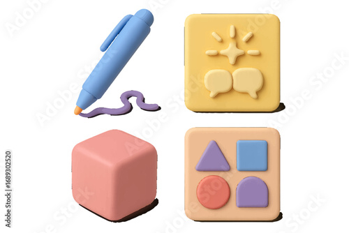 Set of 3D user interface icons with soft plasticine texture including a pen, chat bubbles, a cube, and geometric shapes for modern web design