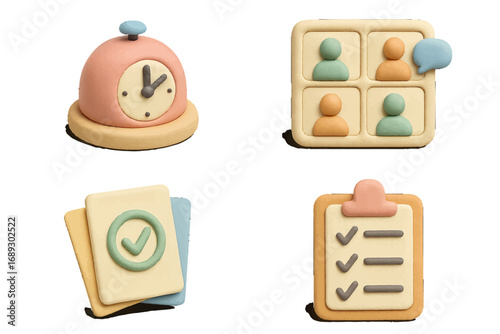 Collection of business and productivity icons in a soft clay style featuring a clock for time management, a video conference for teamwork, and a checklist for tasks