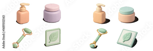 Pastel 3D skincare and beauty icon set with cosmetic bottle, cream jar, face roller, and natural leaf symbol isolated on a white background