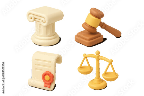 Law and Justice Symbol Set with Gavel, Scales of Justice, Classical Column, and Legal Document Scroll