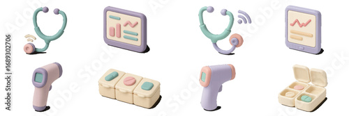 Collection of modern 3D healthcare icons including a digital stethoscope, infrared thermometer, and pill organizer for medical technology design