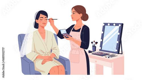 Professional makeup artist applying makeup to a bride in a beauty salon with a vanity mirror