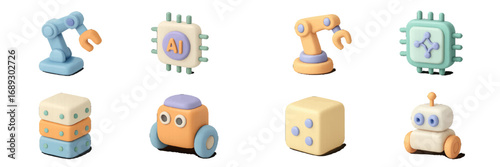 3D graphics for robotics, artificial intelligence, and automation technology featuring robotic arms, AI chips, and cute robots