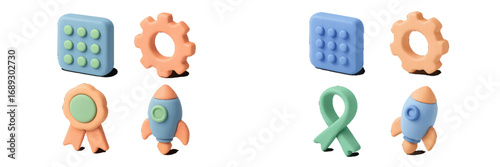 Collection of 3D business icons in a soft clay style featuring a rocket for startups, a gear for settings, and an award medal for achievement isolated on a white background