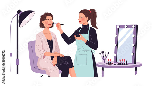 Professional makeup artist applying cosmetics to a client in a studio setting with lighting and mirror