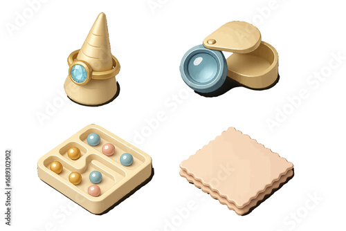 Isometric jewelry and gemology icon set with gold ring, gemstone, jeweler's loupe, sorting tray, and polishing cloth