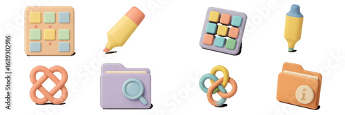 Set of 3D user interface icons in soft pastel colors featuring folders, highlighters, and abstract symbols for web and mobile applications