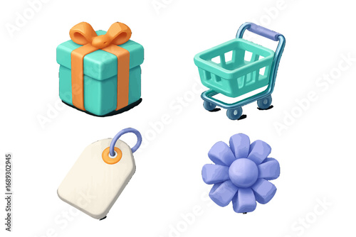 Set of 3D style shopping and gift icons featuring a present box with a bow, a retail cart, a blank price label, and a purple flower