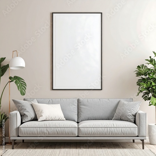 Living room interior with gray sofa blank picture frame and potted plants on beige wall
