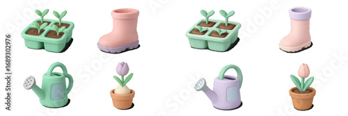 Collection of cute 3D style spring gardening icons including a watering can, rubber boots, potted tulip flower, and seedling tray