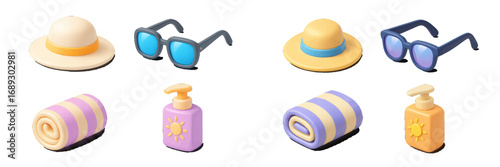 Set of 3D summer beach vacation accessories including sun hat, sunglasses, rolled towel, and sunscreen lotion bottle isolated on a white background