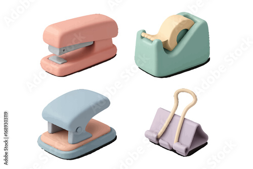 Set of pastel office supplies including a stapler, tape dispenser, hole punch, and binder clip isolated on a white background