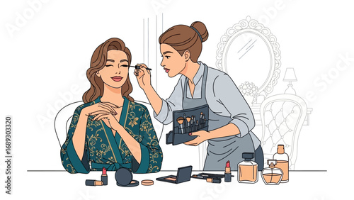 Professional makeup artist applying mascara to a client in a salon setting with beauty products displayed