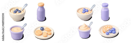 Set of healthy breakfast food icons with yogurt, porridge, blueberries, and orange slices isolated on a white background