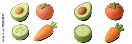 Set of 3D vegetable icons including avocado, tomato, carrot, and cucumber slice isolated on a white background for healthy eating and nutrition concepts