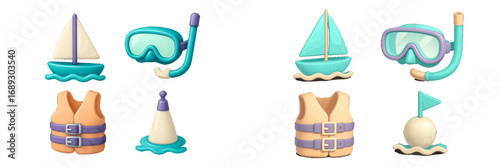3D icon set of summer vacation items including sailboat, snorkel mask, life vest, and buoy for sea travel and water sports