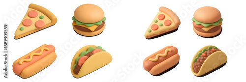 3D fast food icon set with pizza slice, hamburger, hot dog, and taco in a cute plasticine or claymation style isolated on a white background