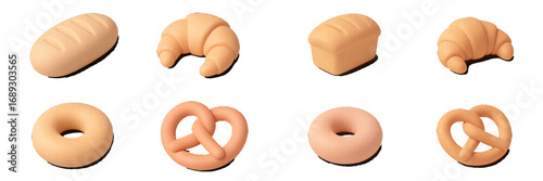 Collection of fresh bakery products including bread loaf, croissant, donut, and pretzel in a minimalist style
